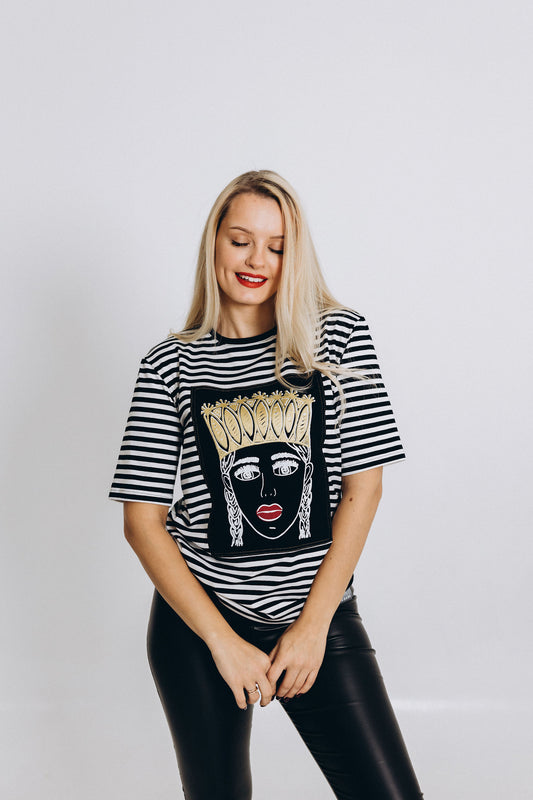 STRIPED T-SHIRT WITH PAINTING GOLDEN CROWN