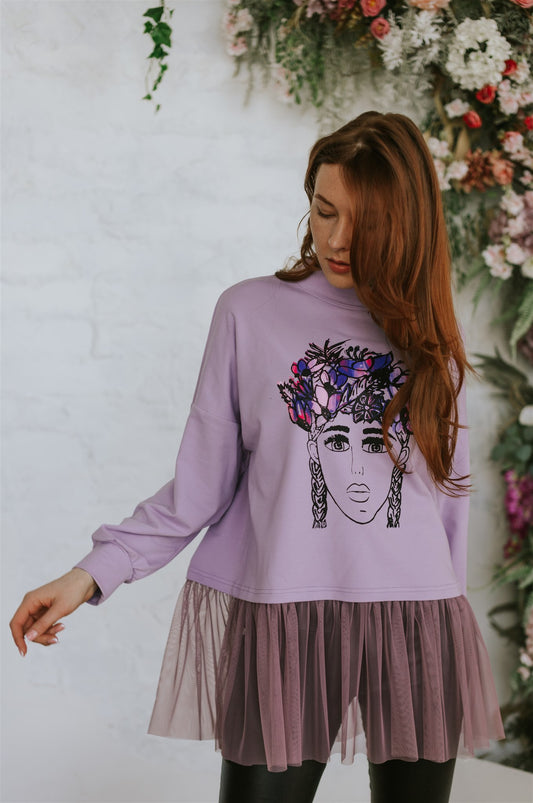 MOCK-NECK TOP WITH TULLE  FRILL. LAVANDER FLOWER